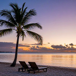 Caribbean Holidays, Cayman Wellness, A quiet Cayman Islands beach at sunset with two loungers, palm trees and a colourful evening sky over calm Caribbean water
