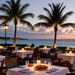 Caribbean Holidays, Cayman Wellness, A relaxed evening scene at a Cayman Islands waterfront restaurant, with fresh seafood, soft lighting and palm trees beside the sea