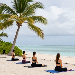 Caribbean Holidays, Cayman Wellness, An outdoor yoga class beside a tropical beach in the Cayman Islands, with green palms, natural light and a calm ocean backdrop