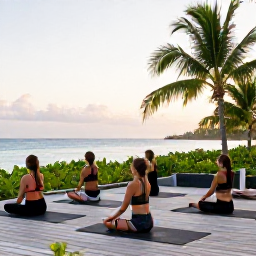 Caribbean Holidays, Cayman Wellness, An outdoor yoga class beside the Caribbean Sea in Grand Cayman, with mats on a wooden deck, tropical greenery and early morning light