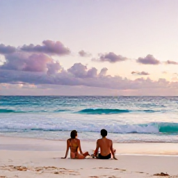 Caribbean Holidays, Cayman Wellness, Couple relaxing on a quiet Cayman beach at sunset in June, gentle waves, soft pastel sky and peaceful tropical setting