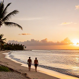 Caribbean Holidays, Cayman Wellness, Couple walking along a quiet Cayman Islands shoreline at sunset, calm sea, warm sky and relaxed tropical holiday setting