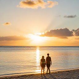 Caribbean Holidays, Cayman Wellness, Couple walking beside a peaceful Cayman shoreline at sunset, golden light and calm Caribbean water