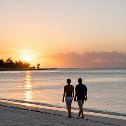 Caribbean Holidays, Cayman Wellness, Couple walking beside the sea at sunset in Grand Cayman, quiet shoreline, warm evening light and relaxed atmosphere