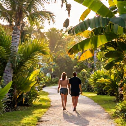 Caribbean Holidays, Cayman Wellness, Couple walking through a quiet nature trail in Grand Cayman, tropical greenery, birds and warm afternoon sunlight