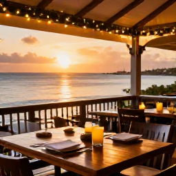 Caribbean Holidays, Cayman Wellness December, Outdoor Cayman Islands restaurant at sunset with healthy Caribbean-inspired dishes, gentle sea breeze and relaxed festive ambience