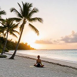 Caribbean Holidays, Cayman Wellness December, Person enjoying a sunrise yoga session on a quiet Cayman beach, palm trees, turquoise sea and soft golden light