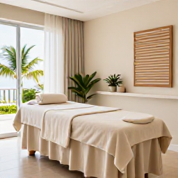 Caribbean Holidays, Cayman Wellness, Elegant spa treatment room in Grand Cayman with natural textures, soft daylight and subtle tropical details