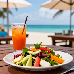 Caribbean Holidays, Cayman Wellness, Fresh Caribbean salad and seafood meal on a shaded terrace overlooking the sea in Grand Cayman