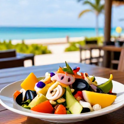 Caribbean Holidays, Cayman Wellness, Fresh Cayman Islands salad, tropical fruit and healthy seafood served at an open-air restaurant overlooking the Caribbean Sea