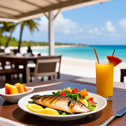 Caribbean Holidays, Cayman Wellness, Healthy Caribbean lunch with fresh fish, colourful salad and tropical fruit on a shaded restaurant terrace overlooking the sea
