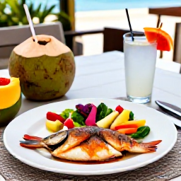 Caribbean Holidays, Cayman Wellness, Healthy Caribbean lunch with fresh fish, colourful salad, tropical fruit and coconut water at an outdoor restaurant in Grand Cayman