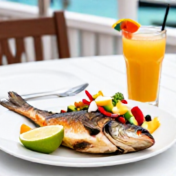 Caribbean Holidays, Cayman Wellness, Healthy Caribbean lunch with fresh fish, colourful salad, tropical fruit and natural juice at an open-air restaurant in Grand Cayman