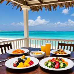 Caribbean Holidays, Cayman Wellness, Healthy Caribbean lunch with fresh tropical fruit, colourful salad and seafood on a shaded Cayman terrace overlooking the sea