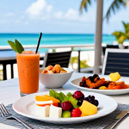 Caribbean Holidays, Cayman Wellness, Healthy colourful breakfast at a stylish Cayman Islands restaurant, fresh tropical fruit, smoothie, seafood and ocean view