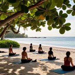 Caribbean Holidays, Cayman Wellness July, Outdoor yoga session on a shaded Cayman Islands beach in July, tropical greenery, calm sea and natural morning light