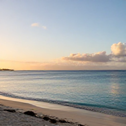 Caribbean Holidays, Cayman Wellness July, Quiet Seven Mile Beach at sunrise in July, calm turquoise water, soft golden light, a relaxed Caribbean holiday atmosphere