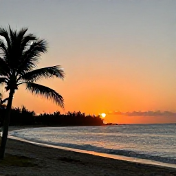 Caribbean Holidays, Cayman Wellness July, Sunset over a peaceful Cayman Islands coastline in July, palm silhouettes, gentle waves and warm orange sky