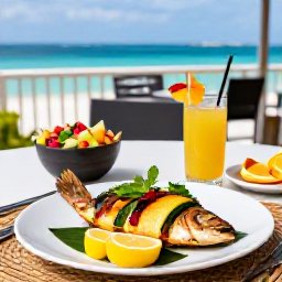 Caribbean Holidays, Cayman Wellness November, Healthy Cayman Islands lunch with fresh grilled fish, colourful salad, tropical fruit and a sea view at a relaxed outdoor restaurant