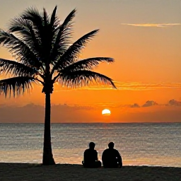 Caribbean Holidays, Cayman Wellness November, Peaceful Cayman Islands sunset over calm Caribbean water, palm silhouettes, warm orange sky and a couple sitting quietly on the beach