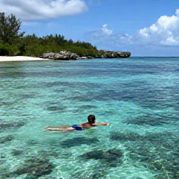 Caribbean Holidays, Cayman Wellness November, Traveller swimming in clear shallow water near a quiet Cayman Islands beach, bright reef fish below and limestone coastline in the background