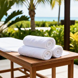Caribbean Holidays, Cayman Wellness November, Wellness spa treatment in a bright Caribbean resort, natural wood, white towels, tropical greenery and a calm, sophisticated atmosphere