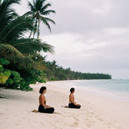 Caribbean Holidays, Cayman Wellness, Outdoor yoga class on a quiet Cayman beach, tropical greenery, peaceful morning atmosphere