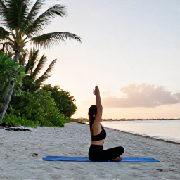 Caribbean Holidays, Cayman Wellness, Outdoor yoga session beside a calm Caribbean beach in Grand Cayman, soft morning light, tropical greenery and peaceful surroundings