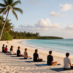 Caribbean Holidays, Cayman Wellness, Outdoor yoga session on a quiet Cayman Islands beach, adults on mats facing the sea, tropical greenery and warm morning light
