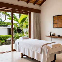 Caribbean Holidays, Cayman Wellness, Peaceful Caribbean spa treatment room with natural light, tropical greenery, wooden details and a calm Grand Cayman atmosphere