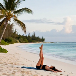 Caribbean Holidays, Cayman Wellness, Person enjoying a gentle morning yoga session on a quiet Cayman Islands beach in February, tropical shoreline and calm sea in the background