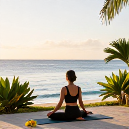Caribbean Holidays, Cayman Wellness, Person enjoying a peaceful yoga session beside the sea in Grand Cayman, tropical plants, morning sunlight and calm Caribbean scenery