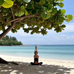 Caribbean Holidays, Cayman Wellness, Person practising peaceful yoga on a shaded Caribbean beach in Grand Cayman, June morning, tropical greenery and calm sea