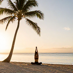 Caribbean Holidays, Cayman Wellness, Person practising yoga on a quiet Cayman beach at dawn, palm trees, soft morning light and calm Caribbean sea
