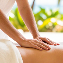 Caribbean Holidays, Cayman Wellness, Person receiving a relaxing massage at a bright Caribbean spa, natural textures, tropical greenery and soft daylight