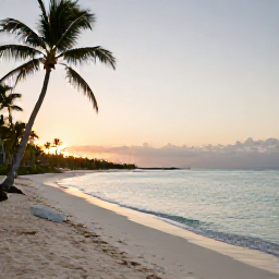 Caribbean Holidays, Cayman Wellness, Quiet Seven Mile Beach at sunrise in Grand Cayman, soft golden light, calm turquoise water, palm trees and a peaceful wellness holiday atmosphere