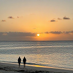 Caribbean Holidays, Cayman Wellness, Quiet sunset over Grand Cayman coastline in February, warm golden light, calm Caribbean Sea and a couple walking along the shore