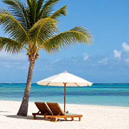 Caribbean Holidays, Cayman Wellness, Quiet tropical beach on Grand Cayman in August, calm turquoise water, palm trees and a shaded sun lounger