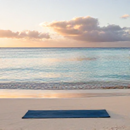 Caribbean Holidays, Cayman Wellness, Quiet white-sand beach in Grand Cayman at sunrise, calm turquoise water, a yoga mat and soft morning light