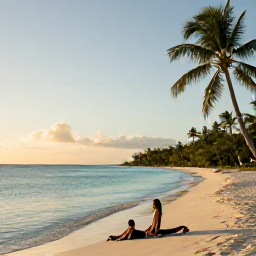 Caribbean Holidays, Cayman Wellness, Quiet white-sand beach in Grand Cayman at sunrise, calm turquoise water, palm trees and a peaceful wellness holiday atmosphere