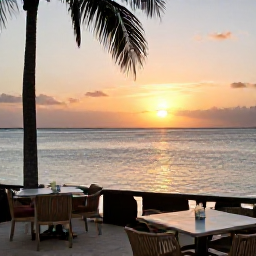 Caribbean Holidays, Cayman Wellness, Relaxed sunset scene at a waterfront restaurant in Grand Cayman, outdoor tables, calm sea and warm evening light