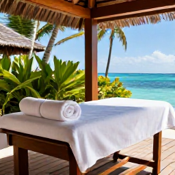 Caribbean Holidays, Cayman Wellness, Relaxing spa treatment in a bright Caribbean resort, natural wood, soft towels and tropical plants