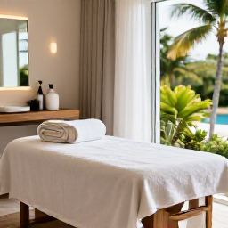 Caribbean Holidays, Cayman Wellness, Relaxing spa treatment in an elegant Cayman Islands resort, natural textures, soft lighting and tropical greenery