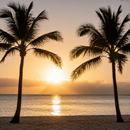 Caribbean Holidays, Cayman Wellness, Relaxing sunset over Seven Mile Beach in Grand Cayman, silhouettes of palm trees, calm sea and warm golden sky