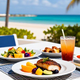Caribbean Holidays, Cayman Wellness Retreats, A colourful healthy Caribbean lunch with fresh fruit, grilled fish, salad and a cool drink on a relaxed outdoor terrace overlooking the sea