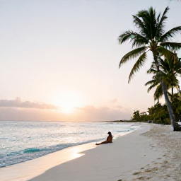 Caribbean Holidays, Cayman Wellness Retreats, A peaceful white sand beach in Grand Cayman at sunrise, calm turquoise water, palm trees and a person relaxing beside the shore