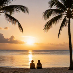 Caribbean Holidays, Cayman Wellness Retreats, A tranquil Cayman Islands sunset over calm sea with a couple sitting quietly on the beach, soft golden light and palm silhouettes