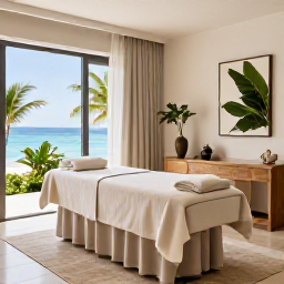 Caribbean Holidays, Cayman Wellness Retreats, An elegant Caribbean spa treatment room with natural light, tropical greenery, neutral colours and a view towards the sea
