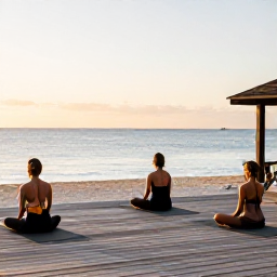 Caribbean Holidays, Cayman Wellness Retreats, People practising gentle yoga on a wooden deck overlooking a calm Caribbean beach in Grand Cayman during early morning light