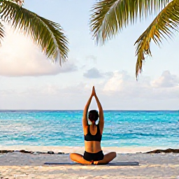 Caribbean Holidays, Cayman Wellness, Traveller practising gentle yoga on a shaded beach in Grand Cayman, turquoise sea, palm trees and soft morning light